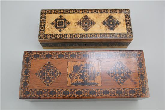 Two Tunbridge ware half square mosaic inlaid rectangular boxes, 9.5in.